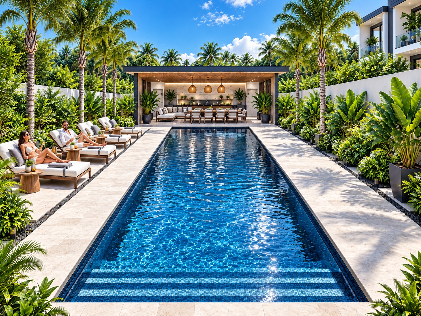 Le-Grandeur resort-style pool and riverside clubhouse at dusk