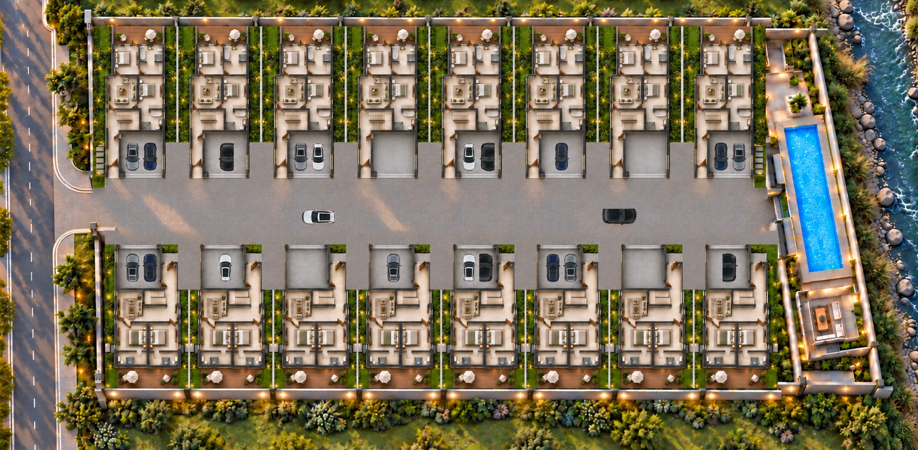 Aerial architectural rendering of the sixteen-residence Le-Grandeur estate